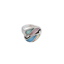 Load image into Gallery viewer, Silver ring with colorful inlay on a white background