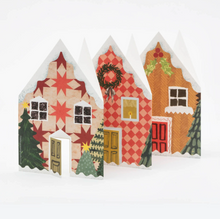 Load image into Gallery viewer, Three decorative paper houses with festive designs on a white background