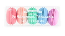 Load image into Gallery viewer, Set of five pastel-colored macaron-shaped erasers in a clear packaging with branding text.