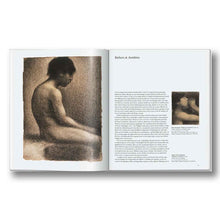 Load image into Gallery viewer, Open book showing a black and white photograph of a nude figure by Seurat and text on a white background
