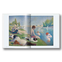 Load image into Gallery viewer, Open book displaying a painting of people by a lake with trees in the background by Seurat.
