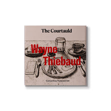 Load image into Gallery viewer, Concertina cover of 'The Courtauld Wayne Thiebaud Concertina Postcard Set' with a black and white illustration of a table setting.