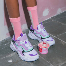 Load image into Gallery viewer, Person wearing colorful sneakers and pink socks on a gray floor with a pink wall.