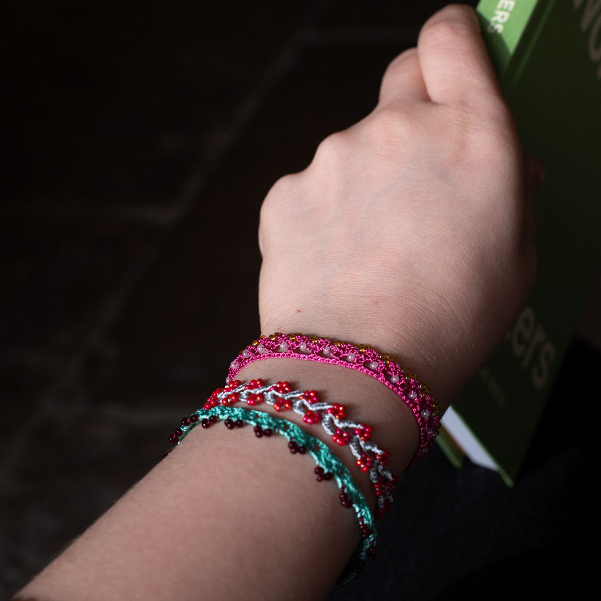 Bracelet Crochet Grey and Coral
