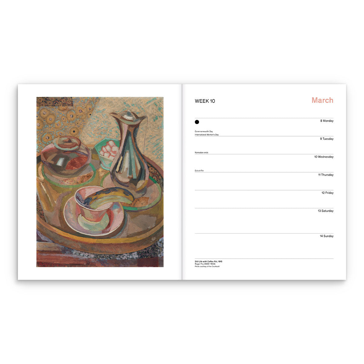 Calendar with still life painting by Roger Fry on one page and a weekly planner in March on the other.