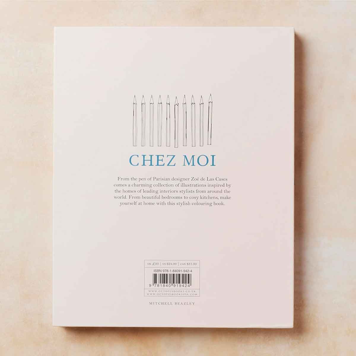 Book titled 'Chez Moi' with text and a barcode on a beige background