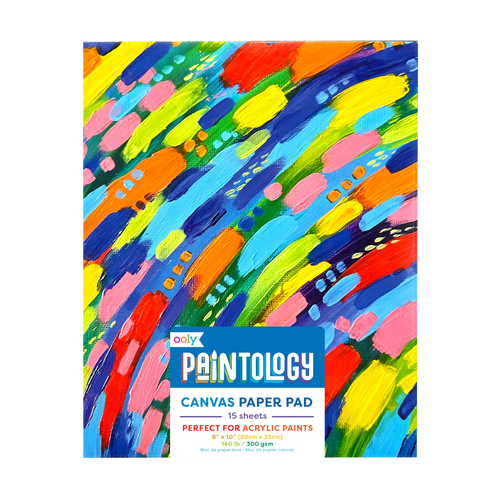 Colorful abstract design on a canvas paper pad packaging with 'Ooly Paintology' branding.
