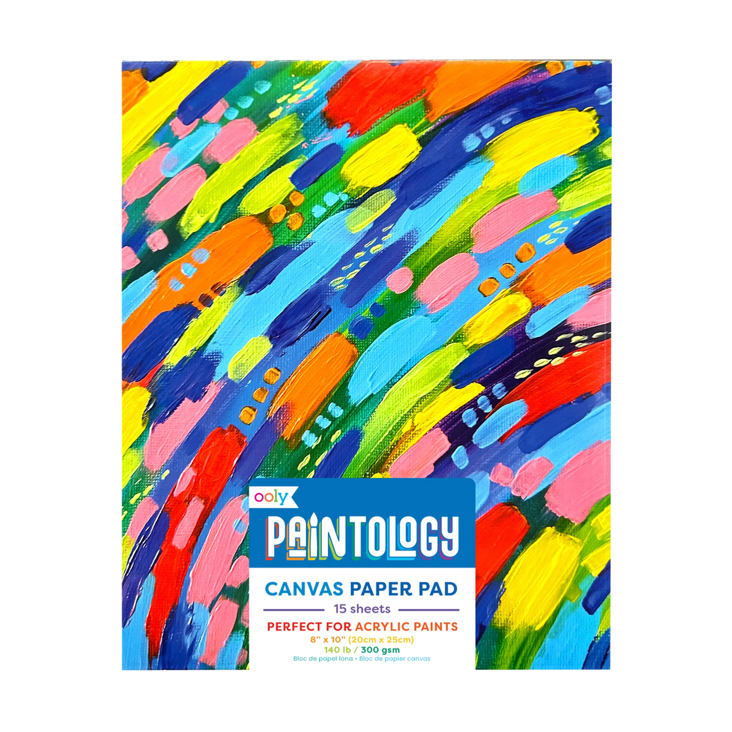 Colorful abstract design on a canvas paper pad packaging with 'Ooly Paintology' branding.
