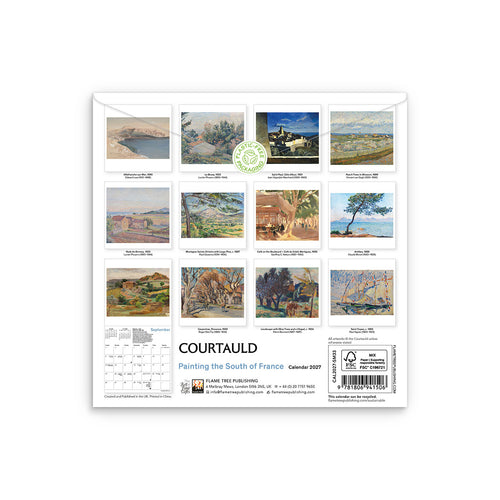 Calendar with landscape paintings from the Courtauld collection on a white background. Shows plastic free label.