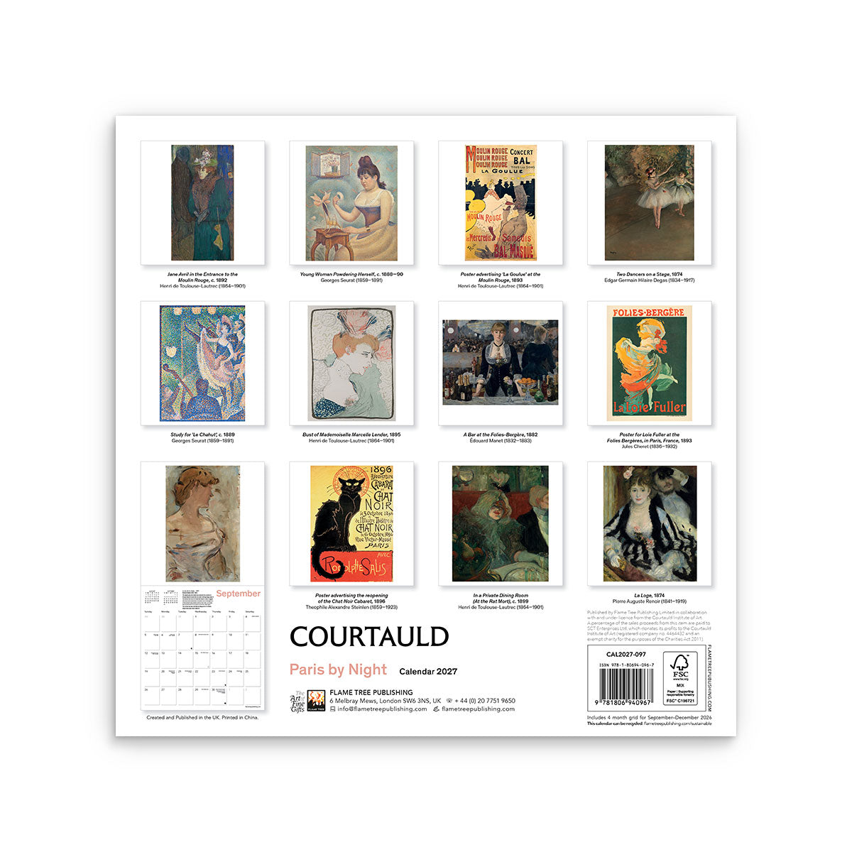 Calendar cover with art illustrations of famous nightlight characters of Paris in the Impressionism area and 'Courtauld' branding on a white background