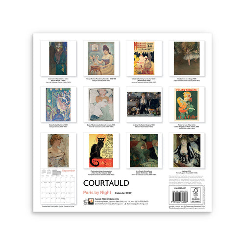 Calendar cover with art illustrations of famous nightlight characters of Paris in the Impressionism area and 'Courtauld' branding on a white background