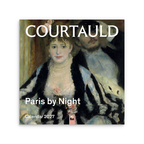 Calendar cover featuring Renoir "La Loge" with 'Courtauld' and 'Paris by Night' text on a white background