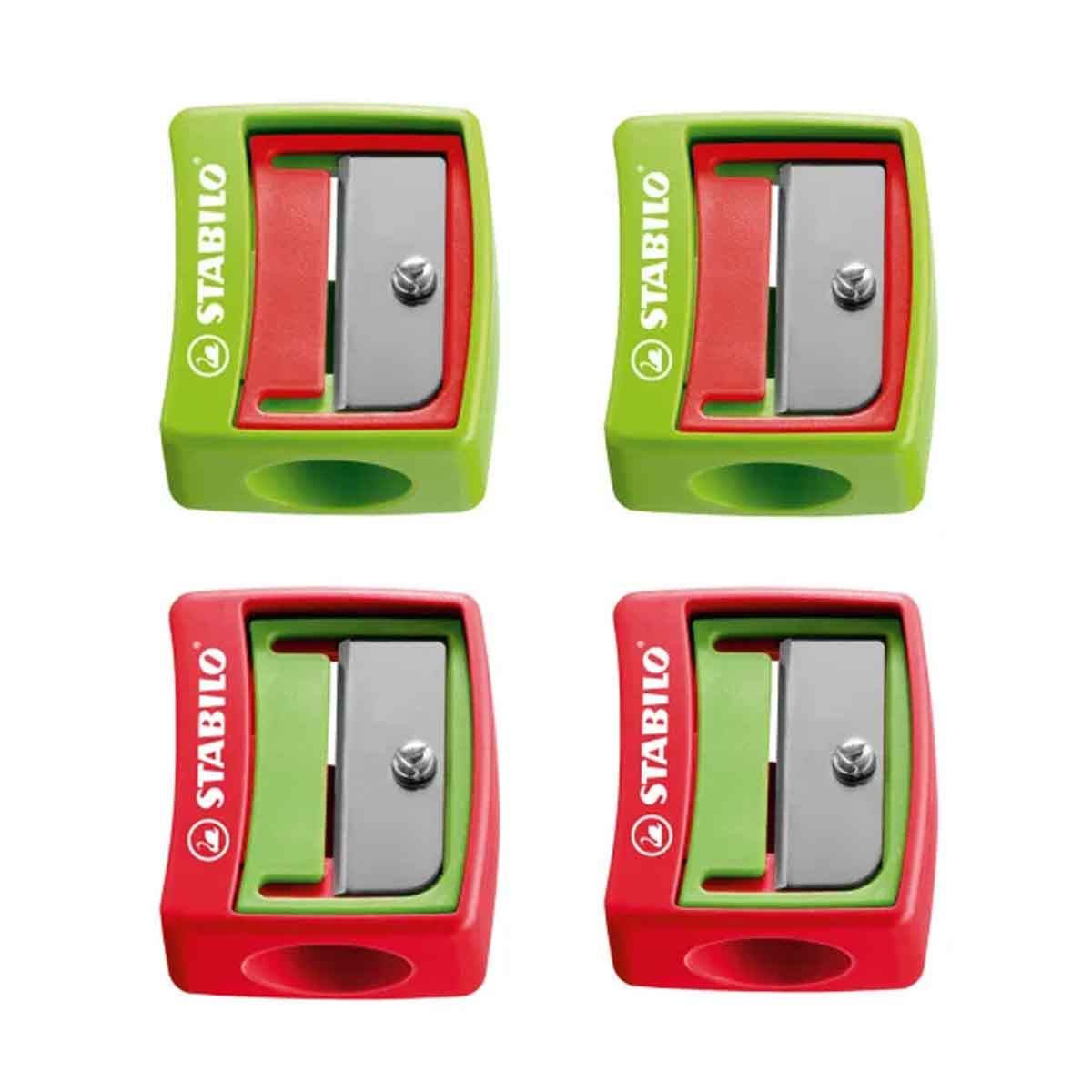 Four Stabilo pencil sharpeners, two green and two red, on a white background.