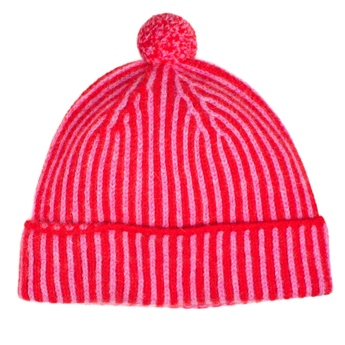 Stripe Pom Pom Beanie Red Pink