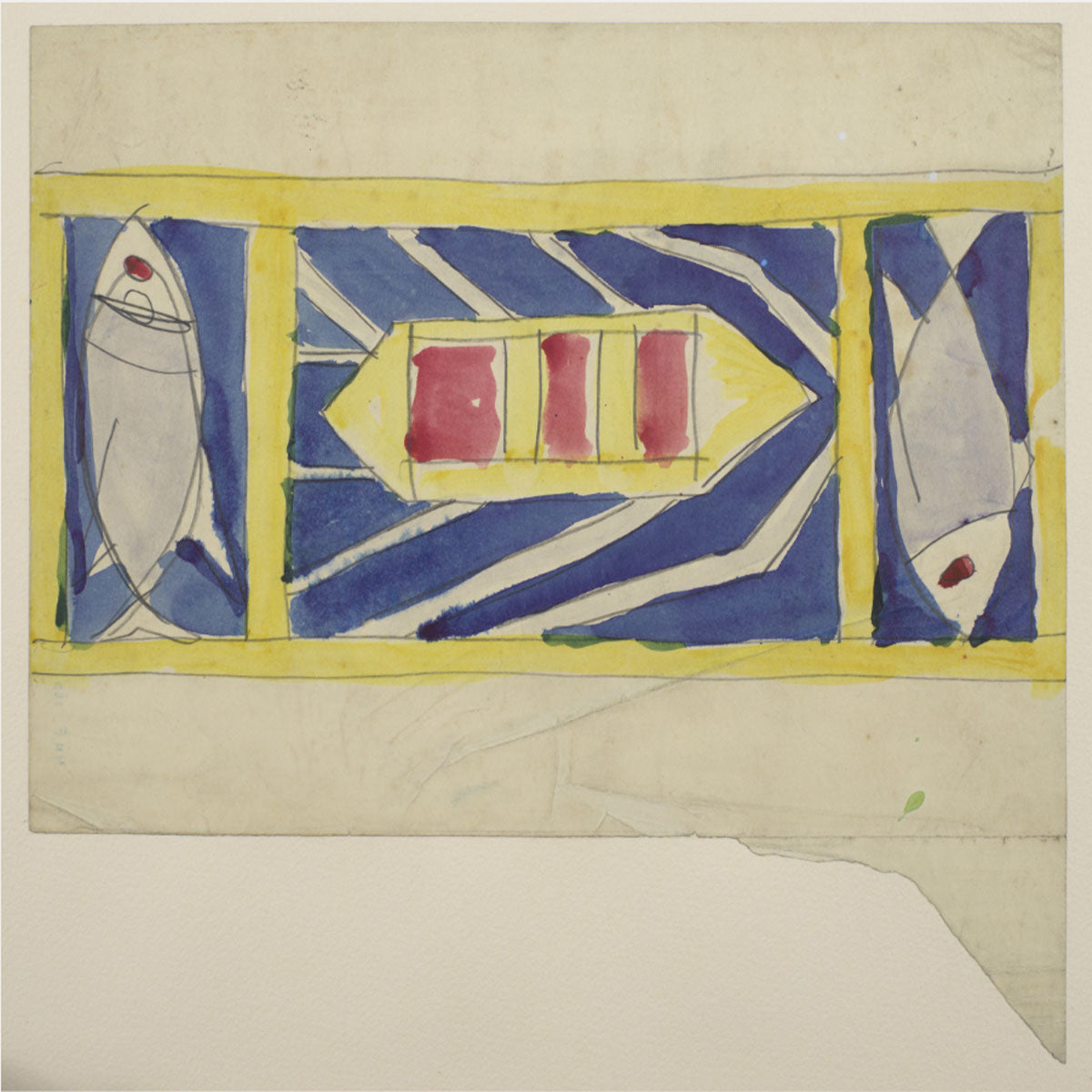 Rug Design, Duncan Grant, 1913 - 1914. Graphite and watercolour on wove paper, the right edge irregularly torn © Estate of Duncan Grant. All rights reserved, DACS 2023.