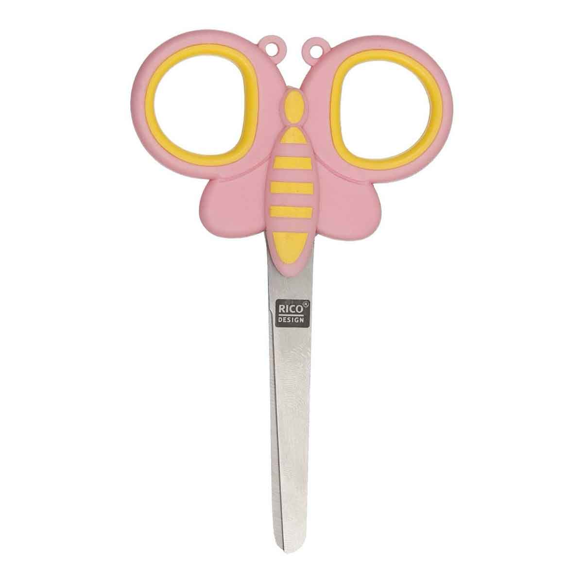 Pink and yellow children's scissors with 'Rico' branding on a white background