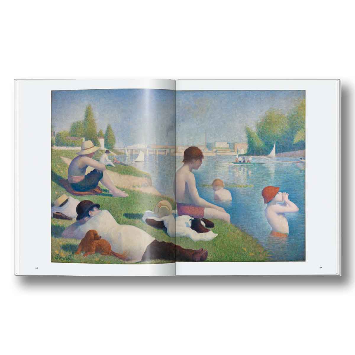 Open book displaying a painting of people by a lake with trees in the background by Seurat.