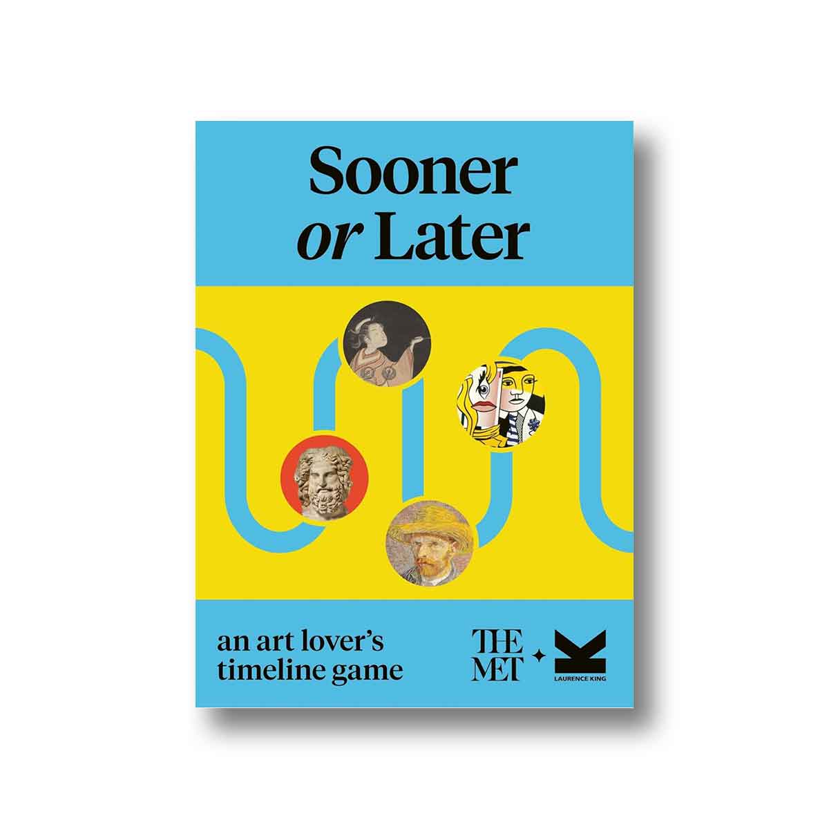 Game cover of 'Sooner or Later' with artistic elements and text on a blue and yellow background