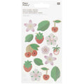 Packaging of Paper Poetry puffy stickers featuring fruits and leaves on a white background.