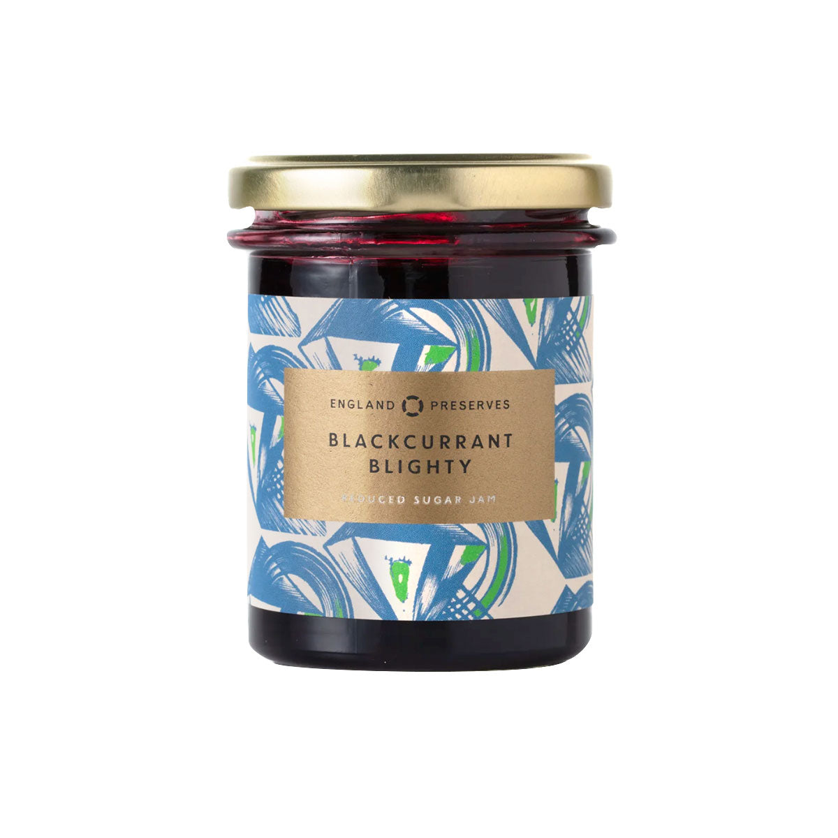 Jar of blackcurrant preserve with decorative label on a white background