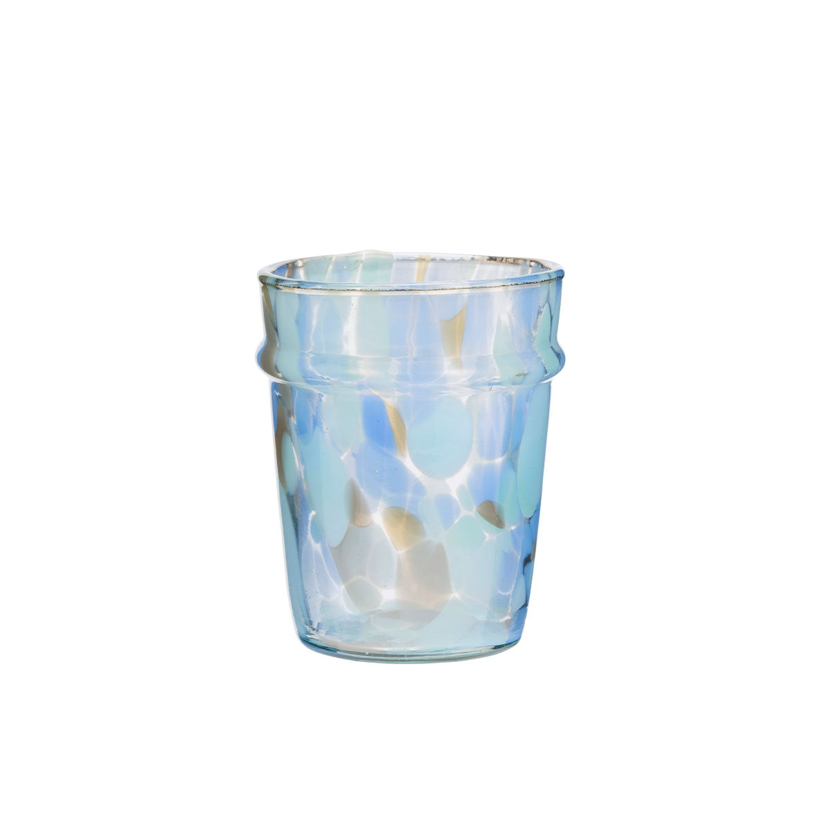 Glass tumbler with a blue and white marbled pattern on a white background