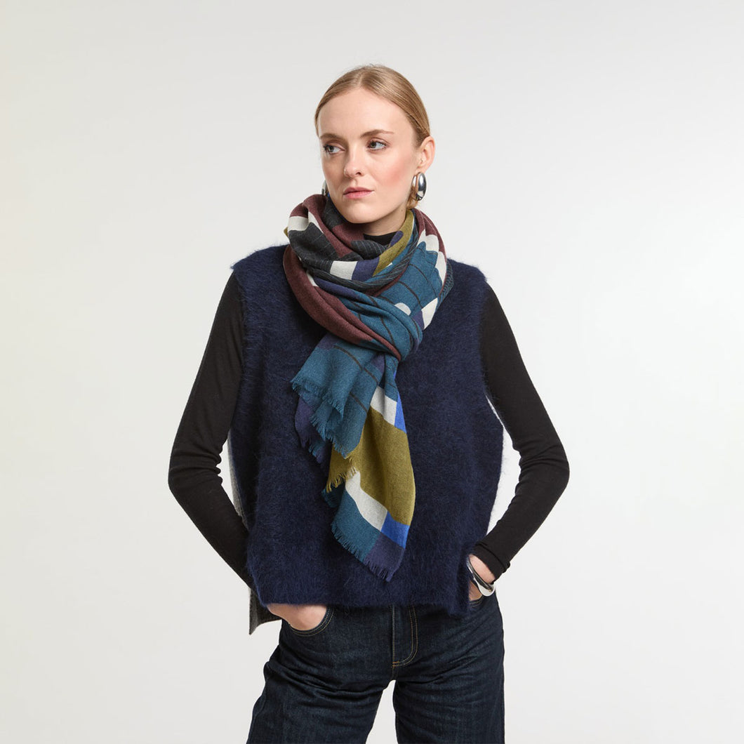 Scarf Wool Curves Blue Brown