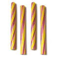 Four pink and yellow striped straws on a white background