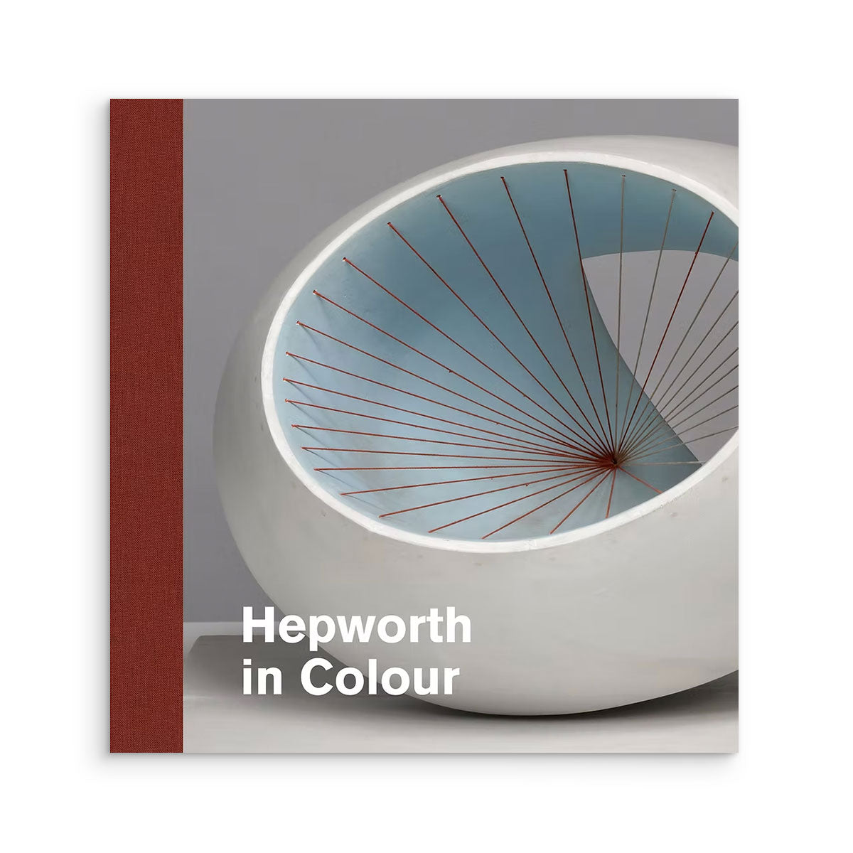 Book cover for Hepworth in Colour exhibition. It shows a white oval sculpture with red threads inside