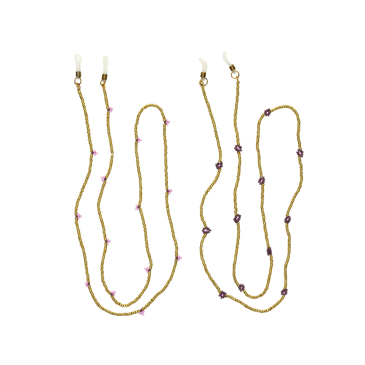Gold necklaces with small pink beads on a white background