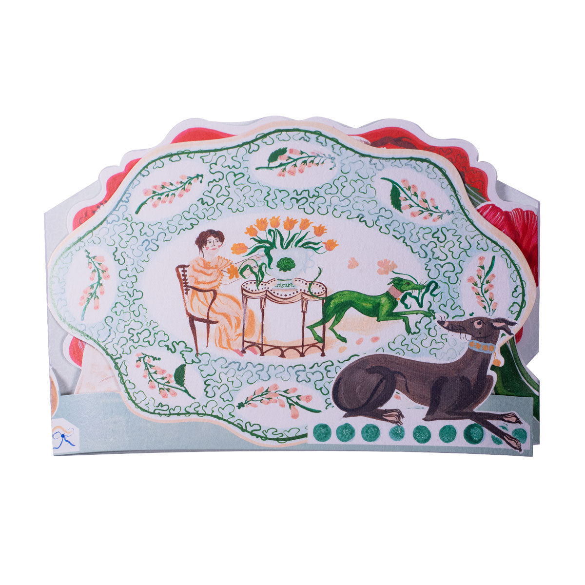 Decorative tray with artistic design of a woman, dog, and garden scene on a white background