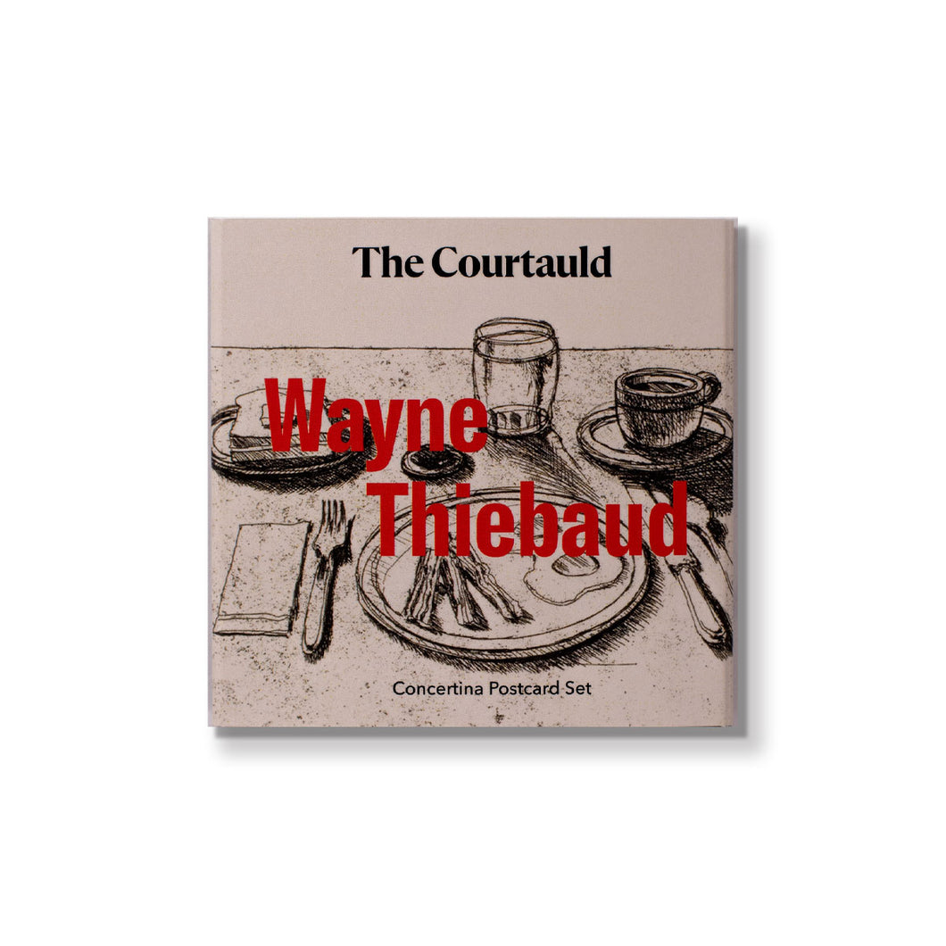 Concertina cover of 'The Courtauld Wayne Thiebaud Concertina Postcard Set' with a black and white illustration of a table setting.