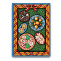 Decorative greeting card with Christmas-themed cookies and tangerines in a colorful frame.