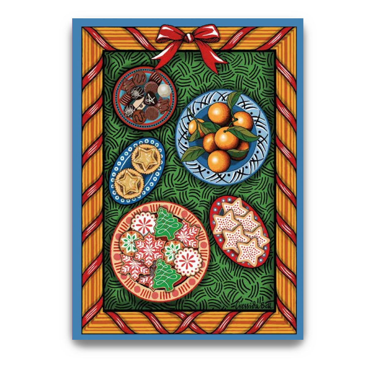 Decorative greeting card with Christmas-themed cookies and tangerines in a colorful frame.