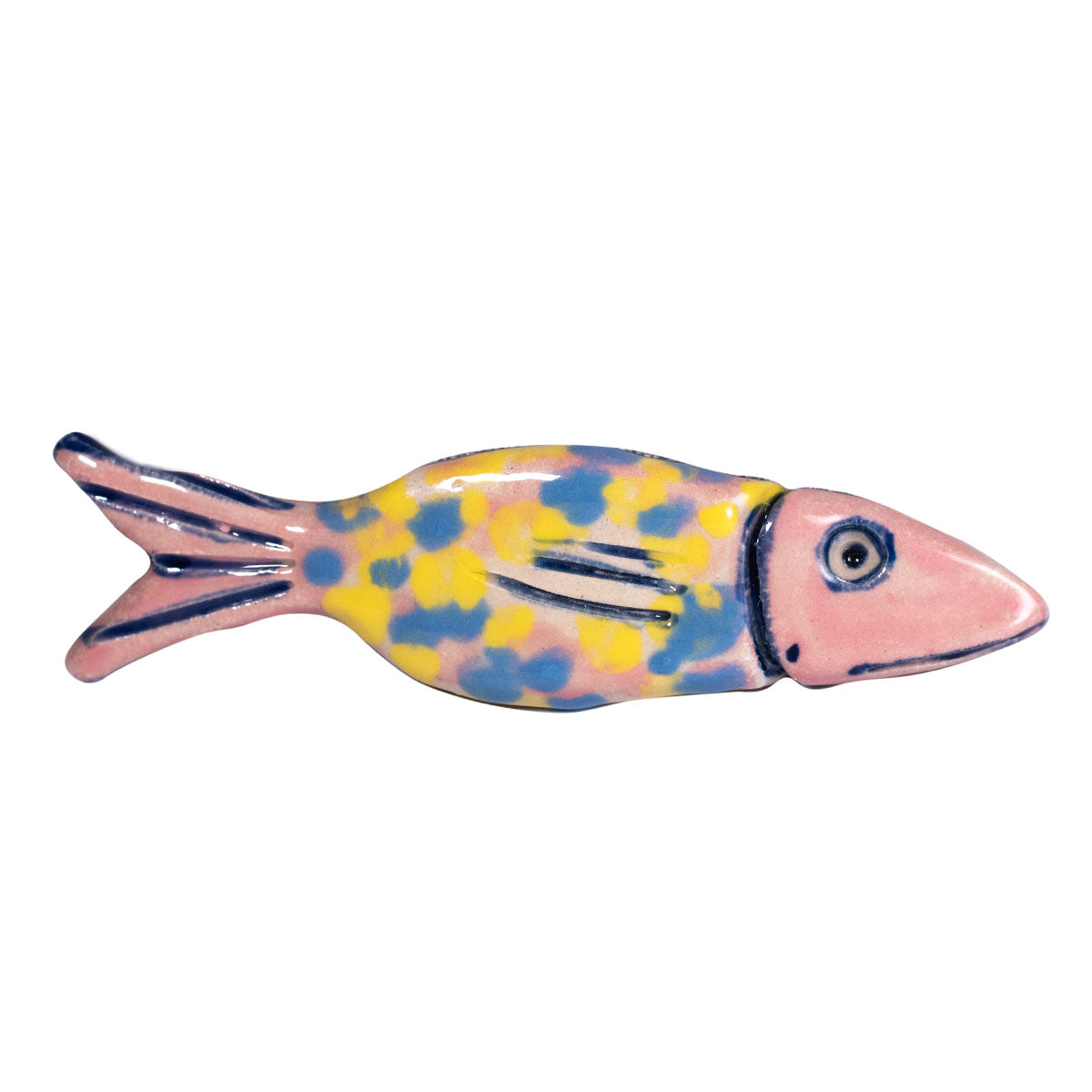 Colorful fish-shaped ceramic ornament, pink and blue on a white background