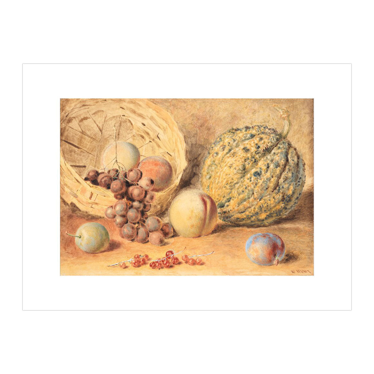 Basket with melon, peaches, grapes and plums