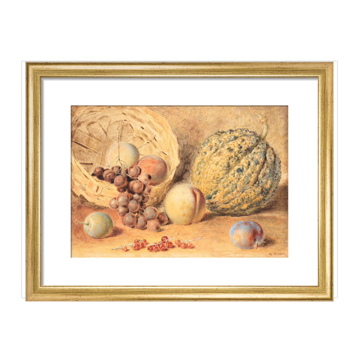 Basket with melon, peaches, grapes and plums