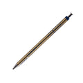 Slim metallic gold ballpoint pen with a shiny silver tip and clip, featuring printed text along the barrel, white background.