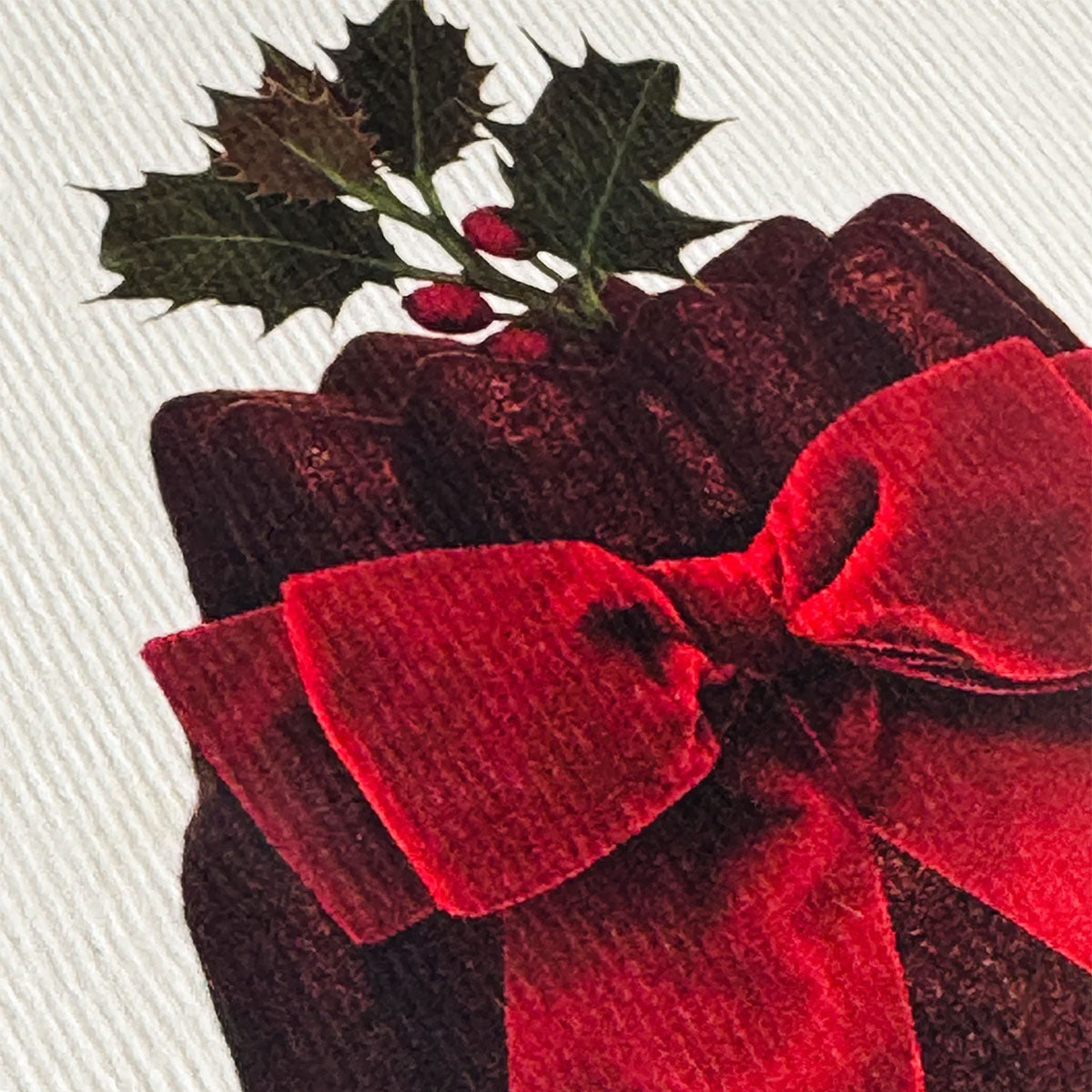 Greetings Card Christmas Plum Pudding Red Velvet Bow