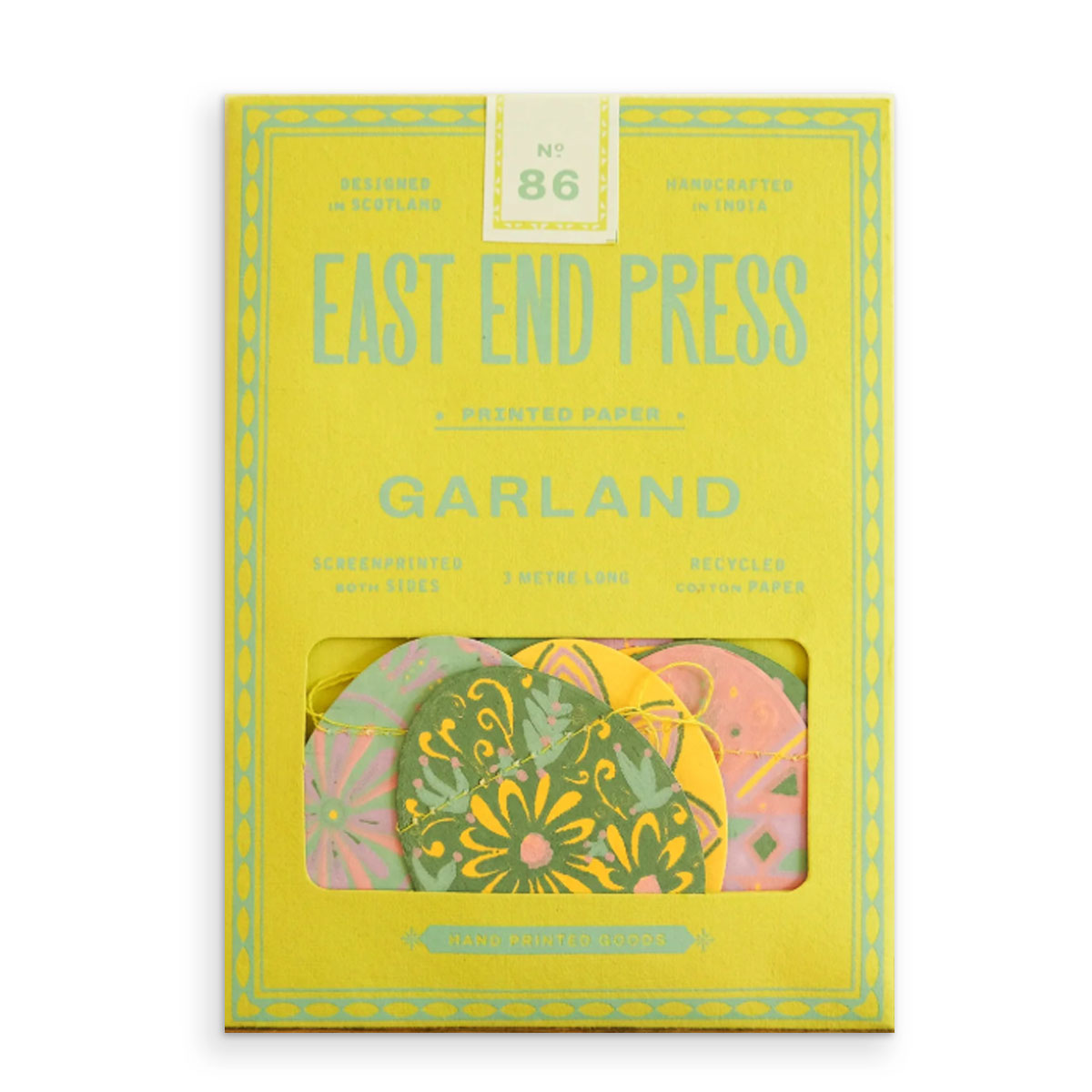 Packaged product from East End Press with decorative egg shaped paper and colorful design.