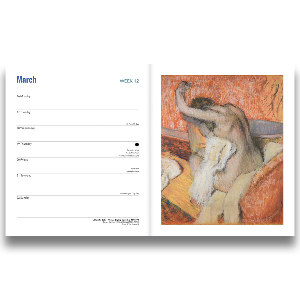 Calendar page with a painting of a nude figure on the right side