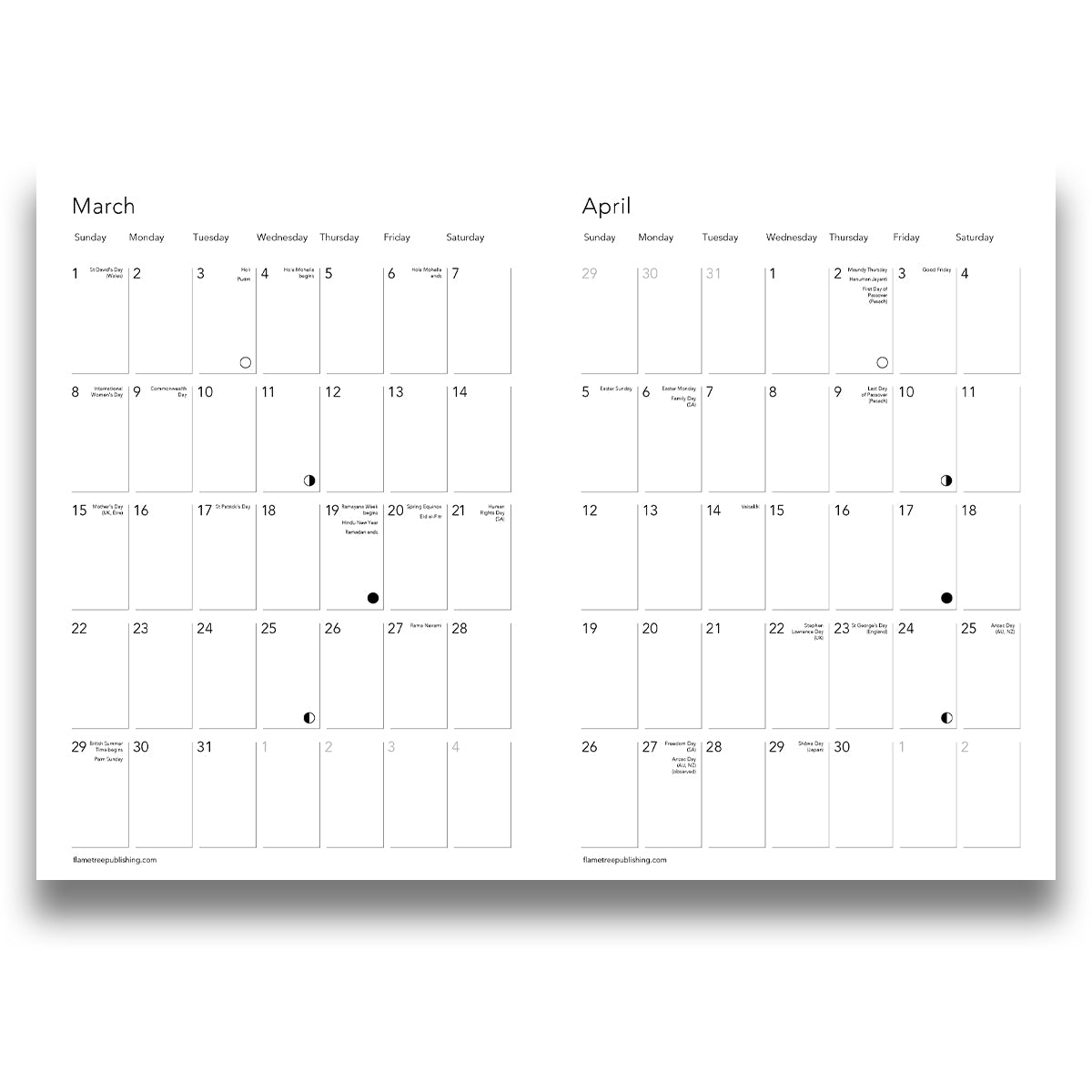 Calendar for March and April with days of the week labeled