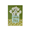A greeting card with a floral design and the text 'Love You' on the front, with a green and blue color scheme.