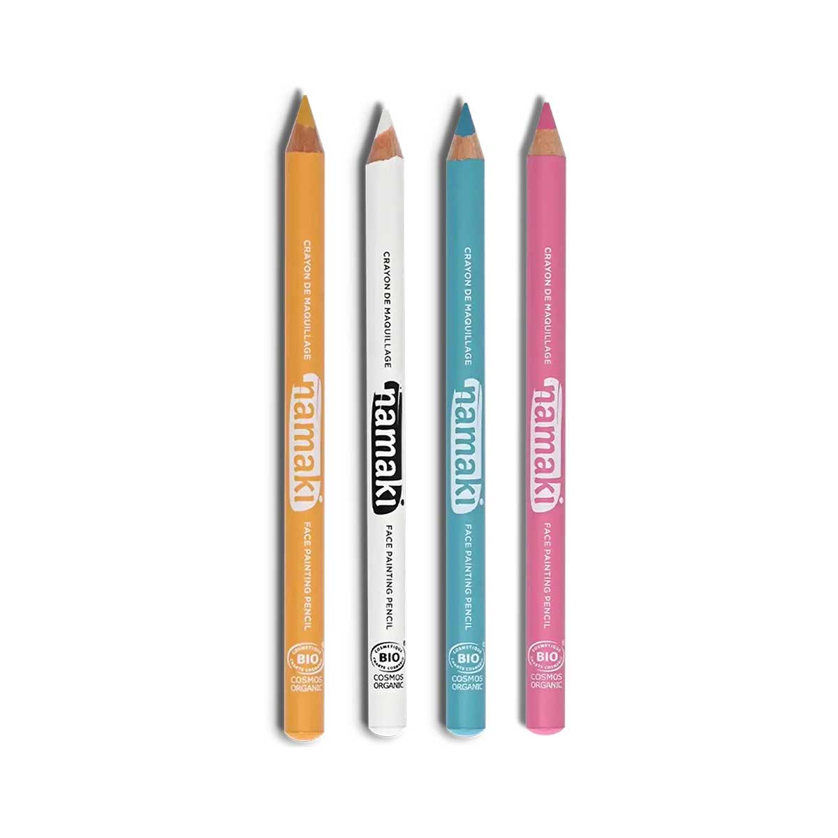 Four colorful lip pencils with 'Famaki' branding on a white background