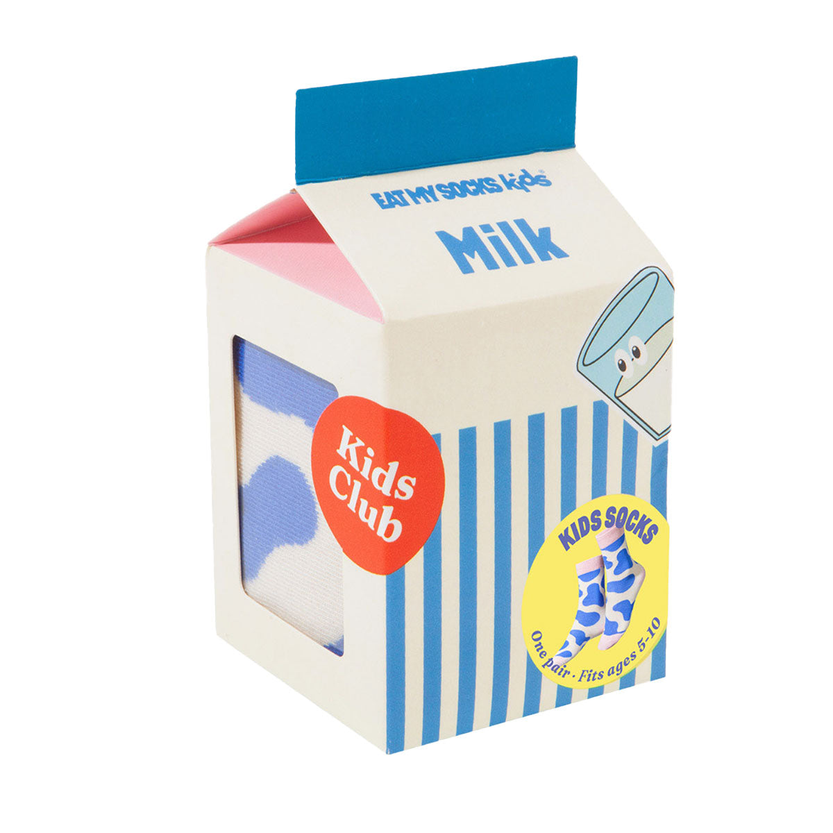Carton packaging for kids socks with milk carton design on a white background