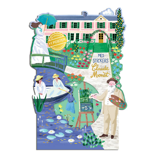 Decorative poster with illustrations of a woman with an umbrella, a house, and a painter by a pond.