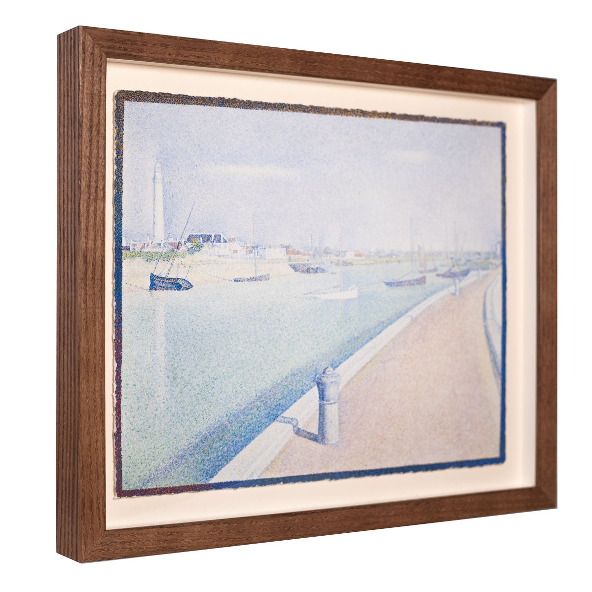 Framed artwork of a coastal scene with a wooden frame seen on a side.