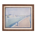 Framed artwork of a harbor scene with boats and a dock.