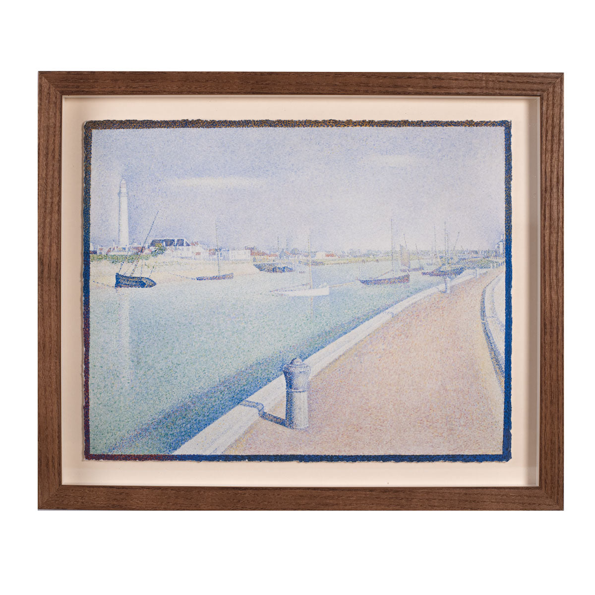 Framed artwork of a harbor scene with boats and a dock.