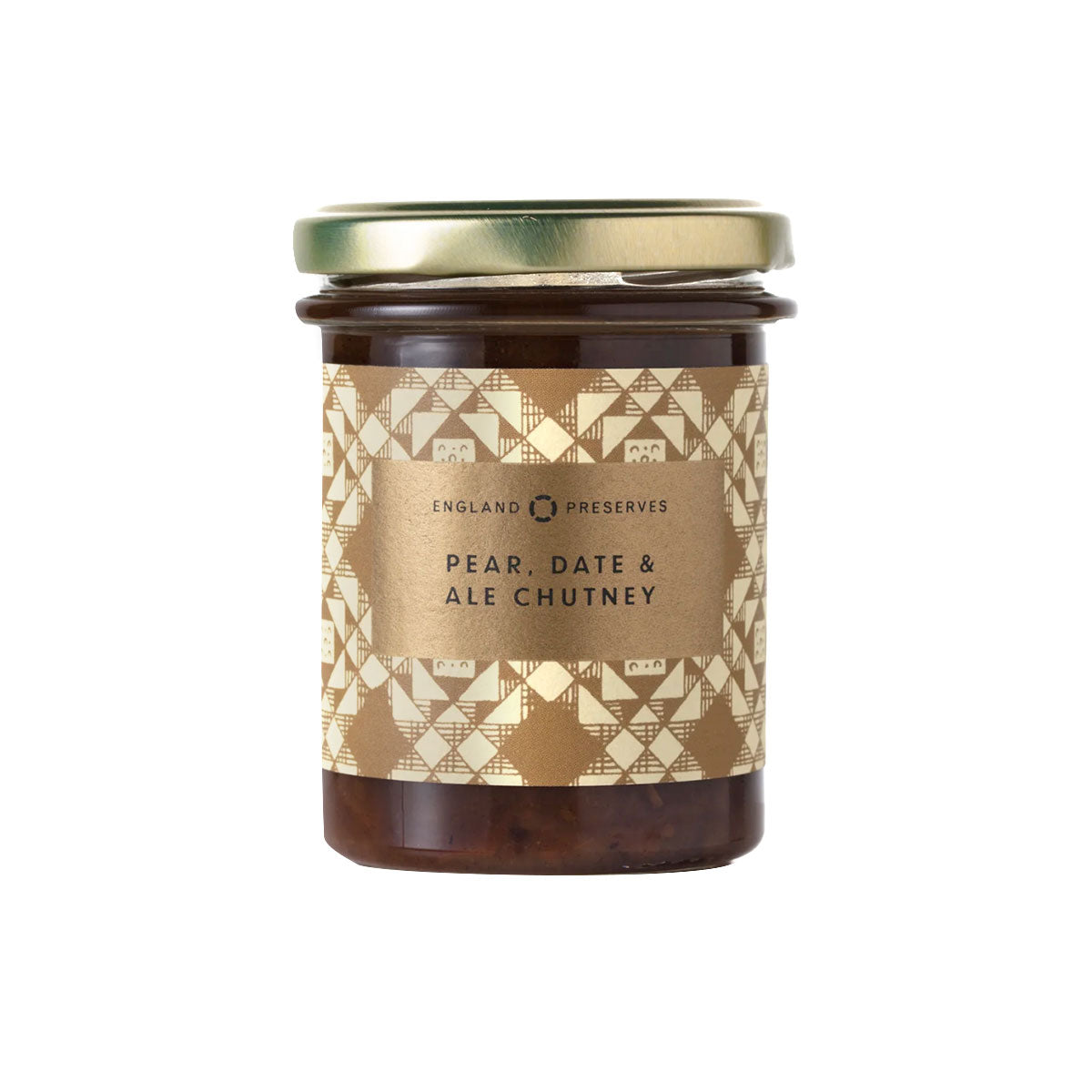 Jar of pear, date, and ale chutney with a decorative label on a white background