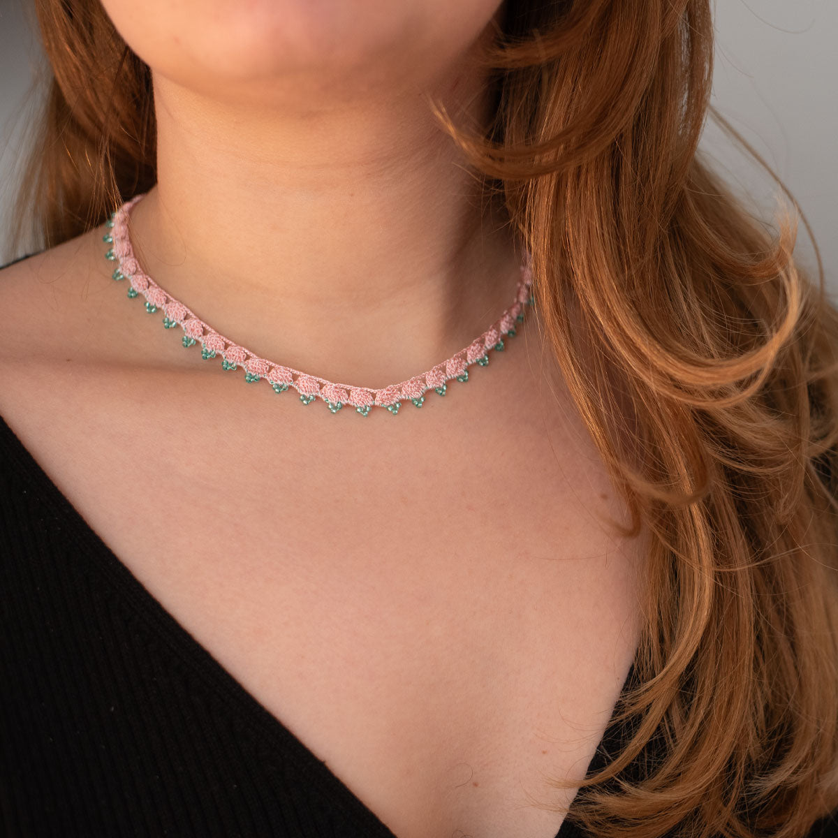 Necklace Crochet Pink and Turquoise